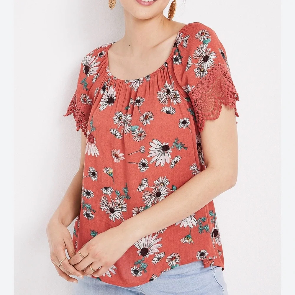 Maurices Burnt Orange Sunflower Print Lace Sleeve Tie Back Top Medium Women’s